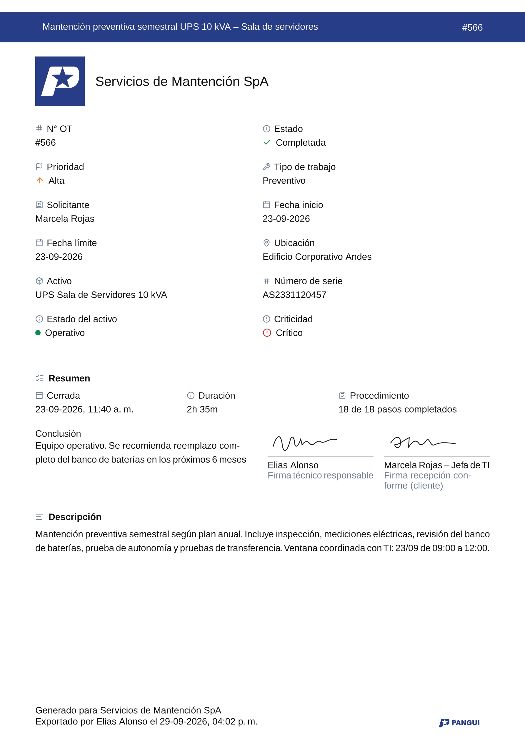 Primera página del informe de ejemplo de la OT N° 566